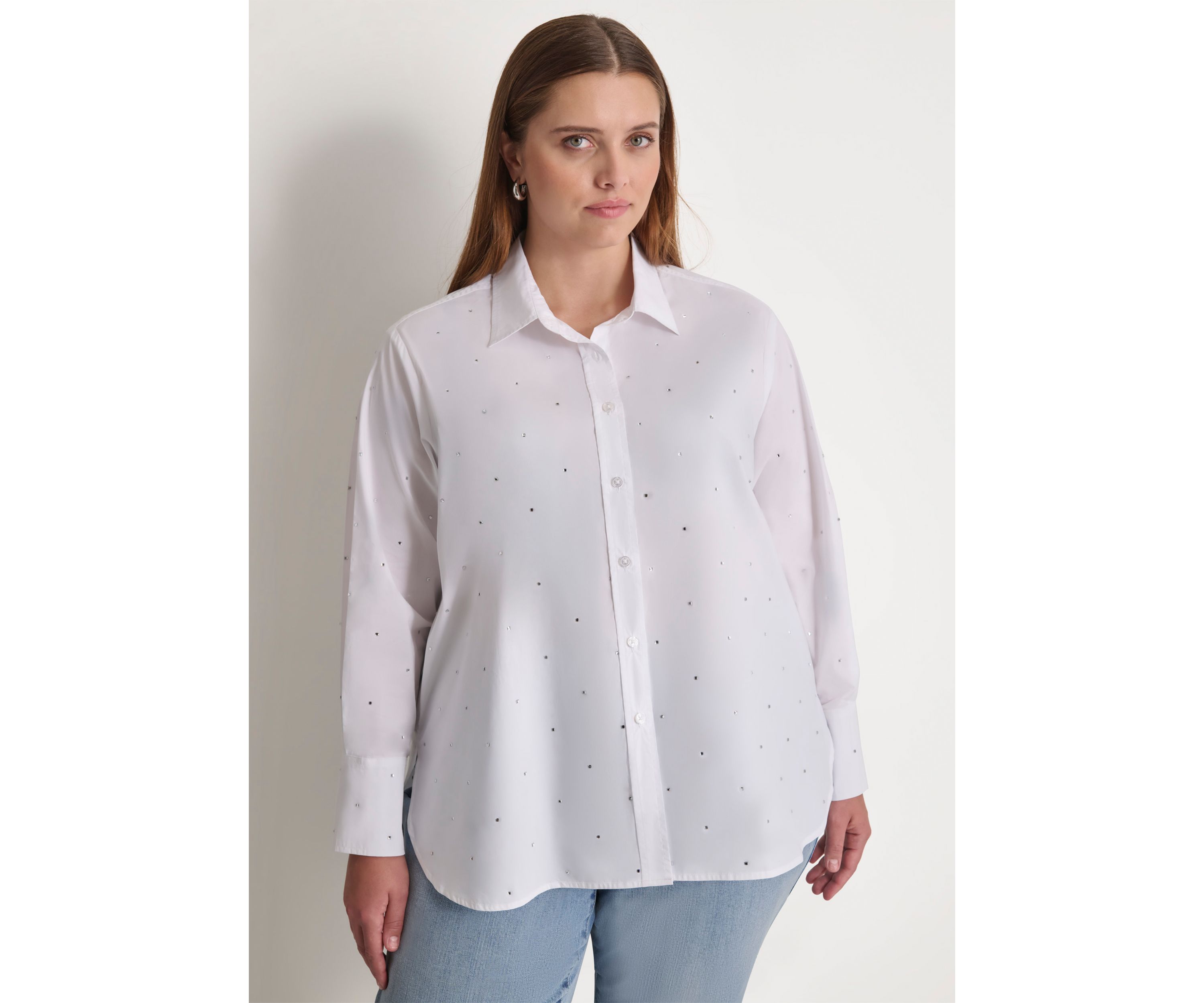 Plus Size Studded Rhinestone Button Front Blouse