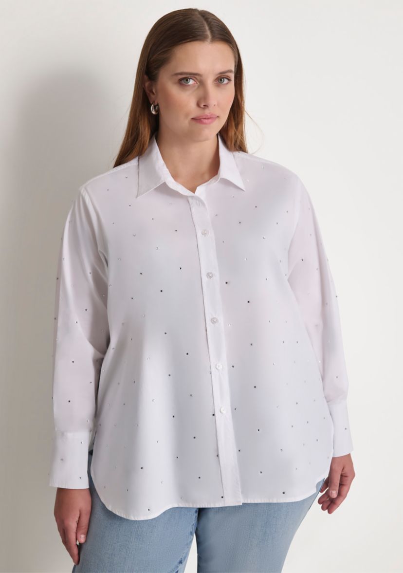 Plus Size Studded Rhinestone Button Front Blouse