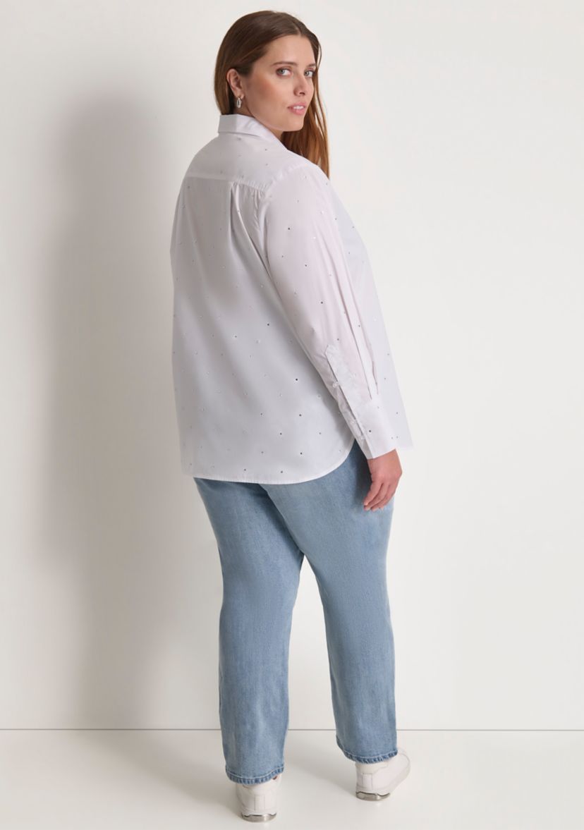 Plus Size Studded Rhinestone Button Front Blouse