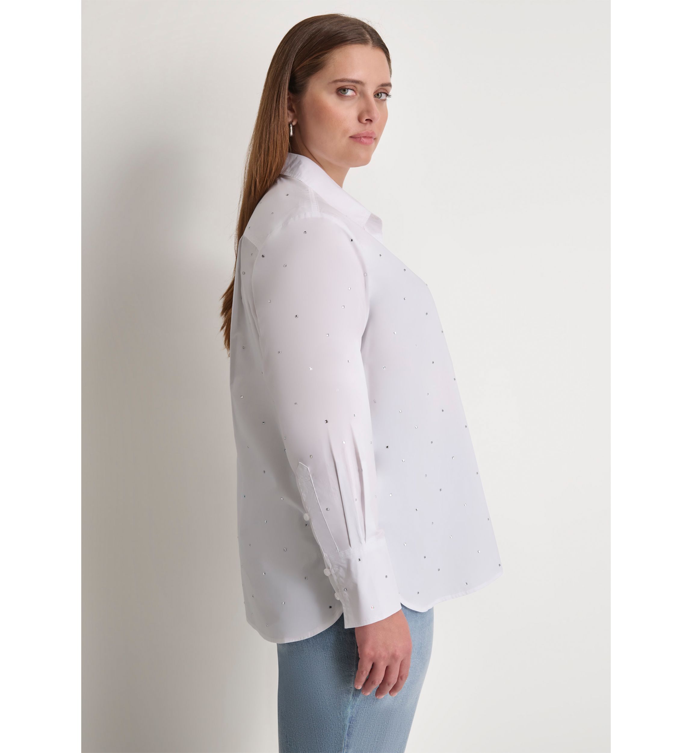 Plus Size Studded Rhinestone Button Front Blouse