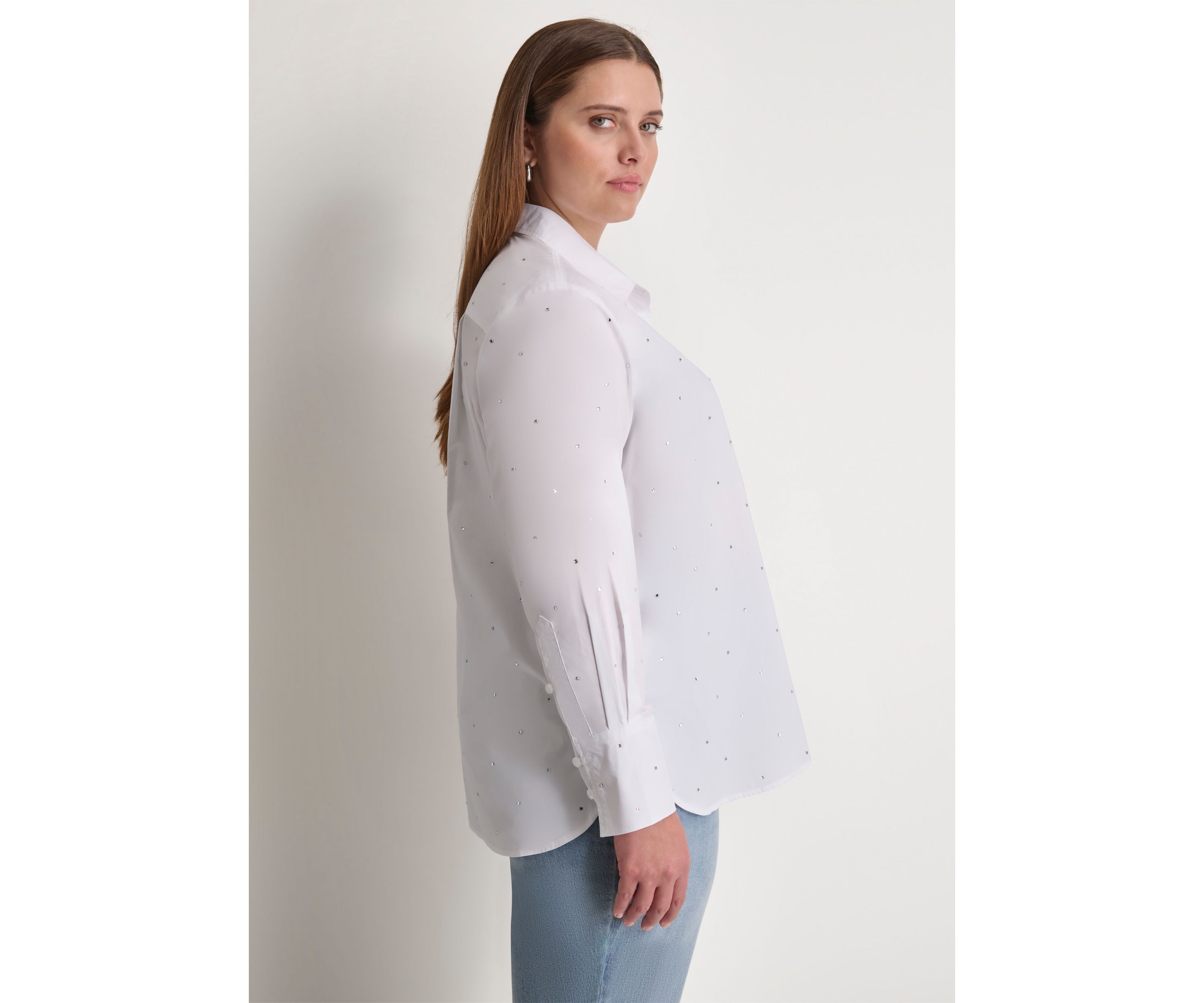 Plus Size Studded Rhinestone Button Front Blouse