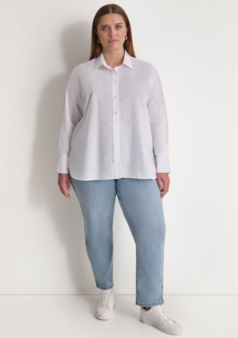 Plus Size Studded Rhinestone Button Front Blouse
