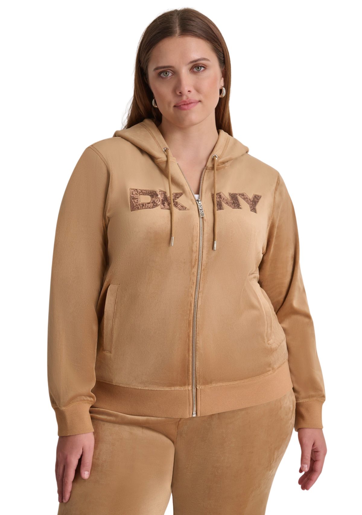 Plus Size Sequin Appliqué Satin Stitch Logo Velour Hoodie