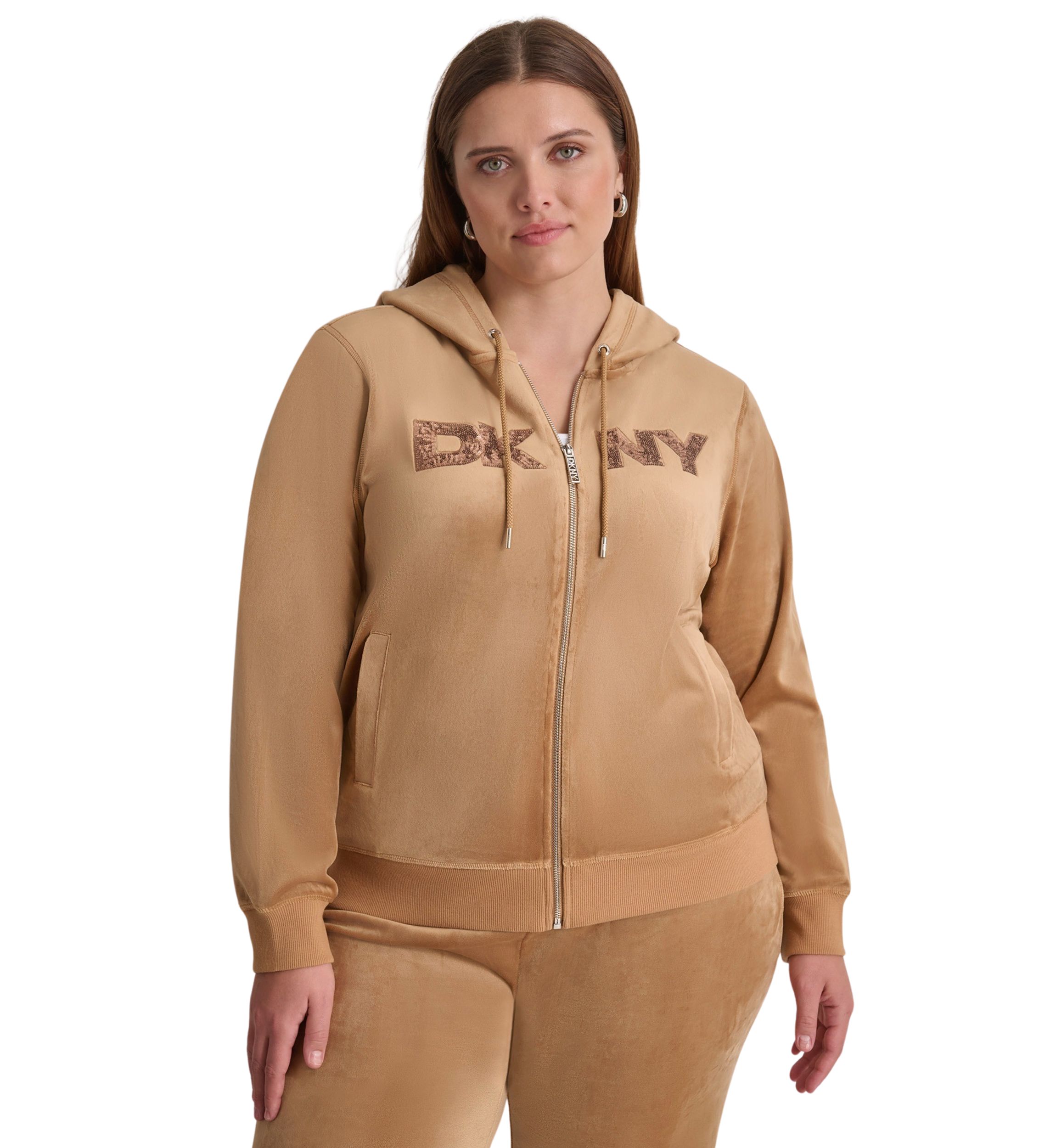 Plus Size Sequin Appliqué Satin Stitch Logo Velour Hoodie
