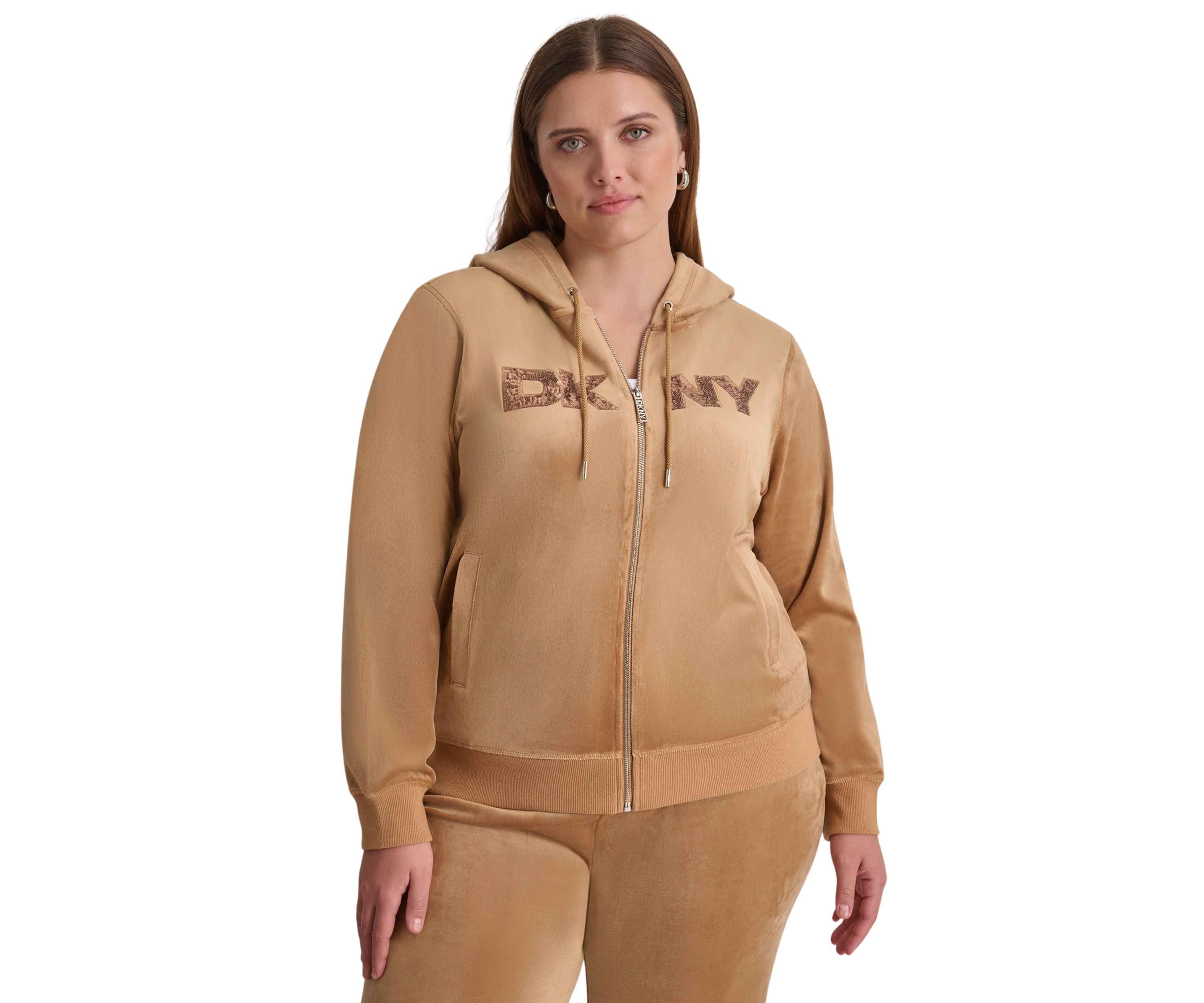 Plus Size Sequin Appliqué Satin Stitch Logo Velour Hoodie