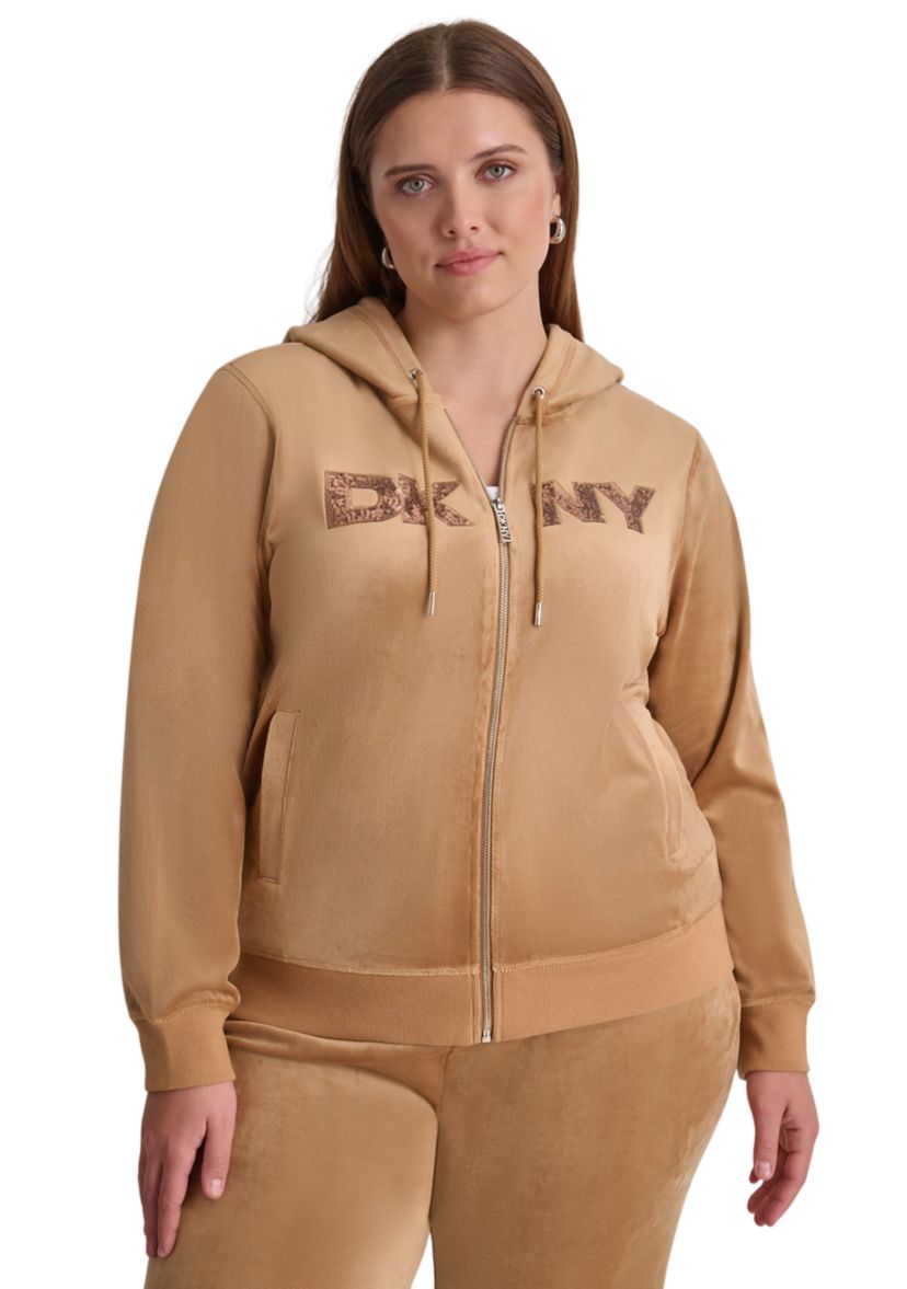 Plus Size Sequin Appliqué Satin Stitch Logo Velour Hoodie