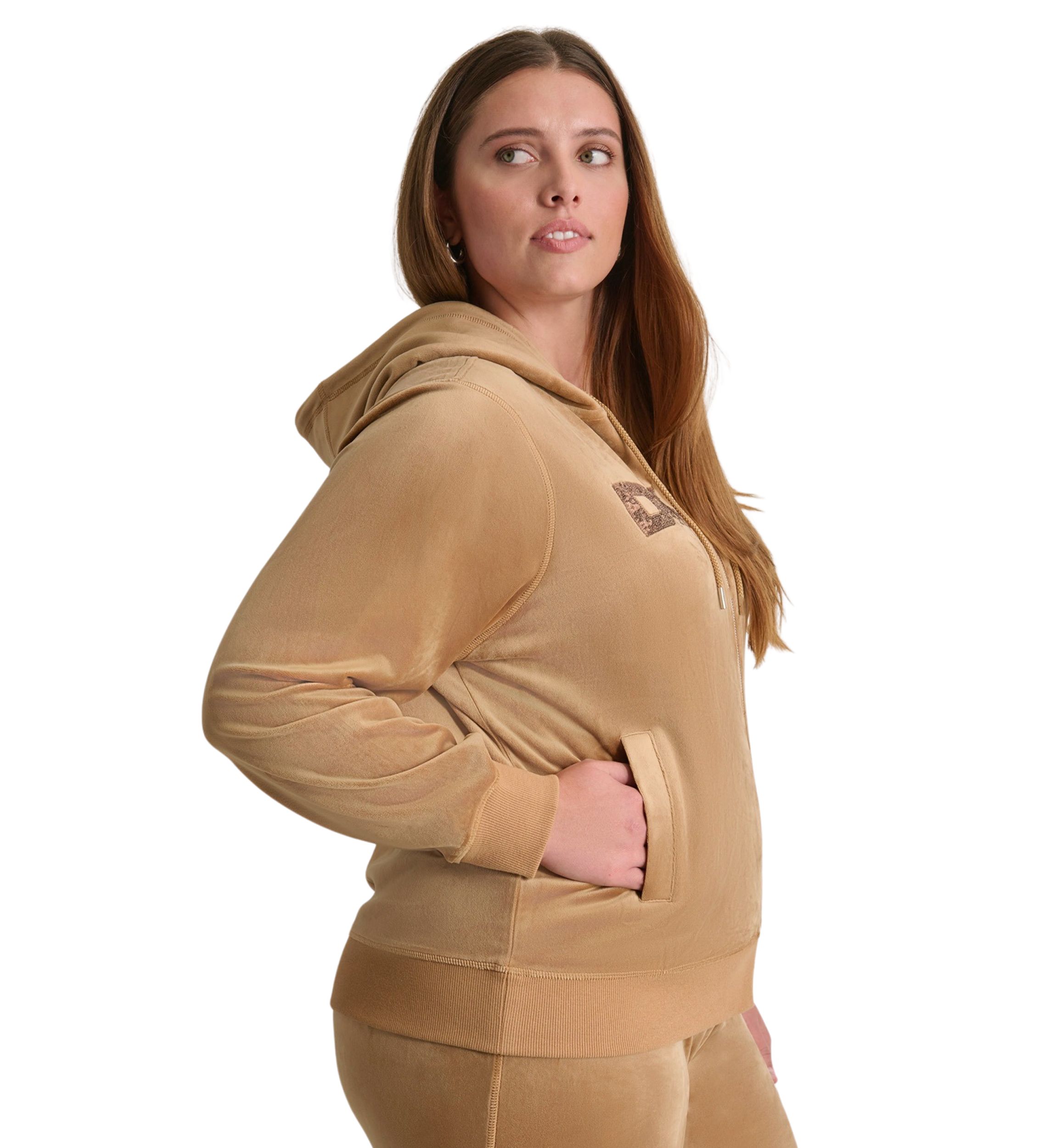 Plus Size Sequin Appliqué Satin Stitch Logo Velour Hoodie