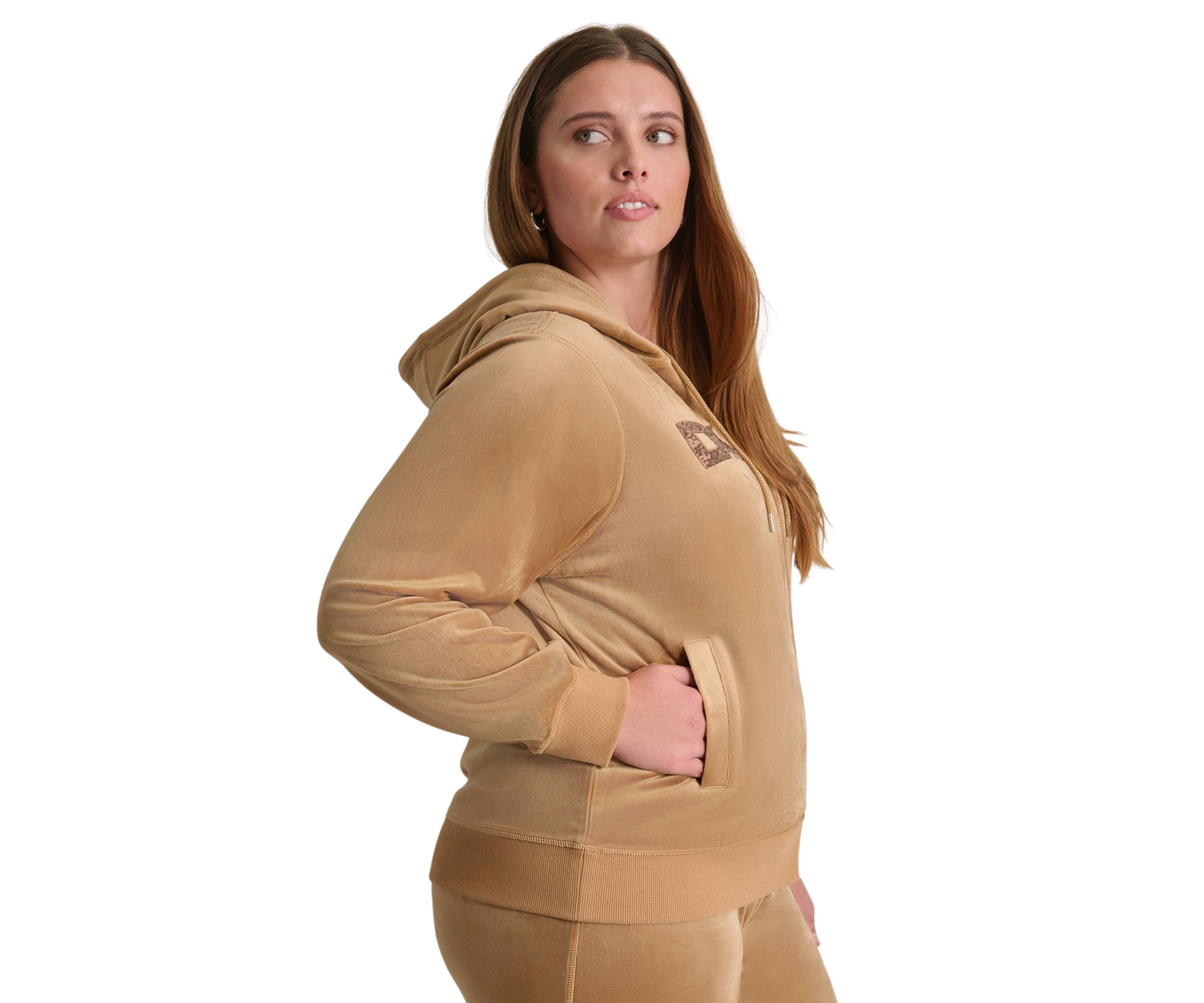 Plus Size Sequin Appliqué Satin Stitch Logo Velour Hoodie