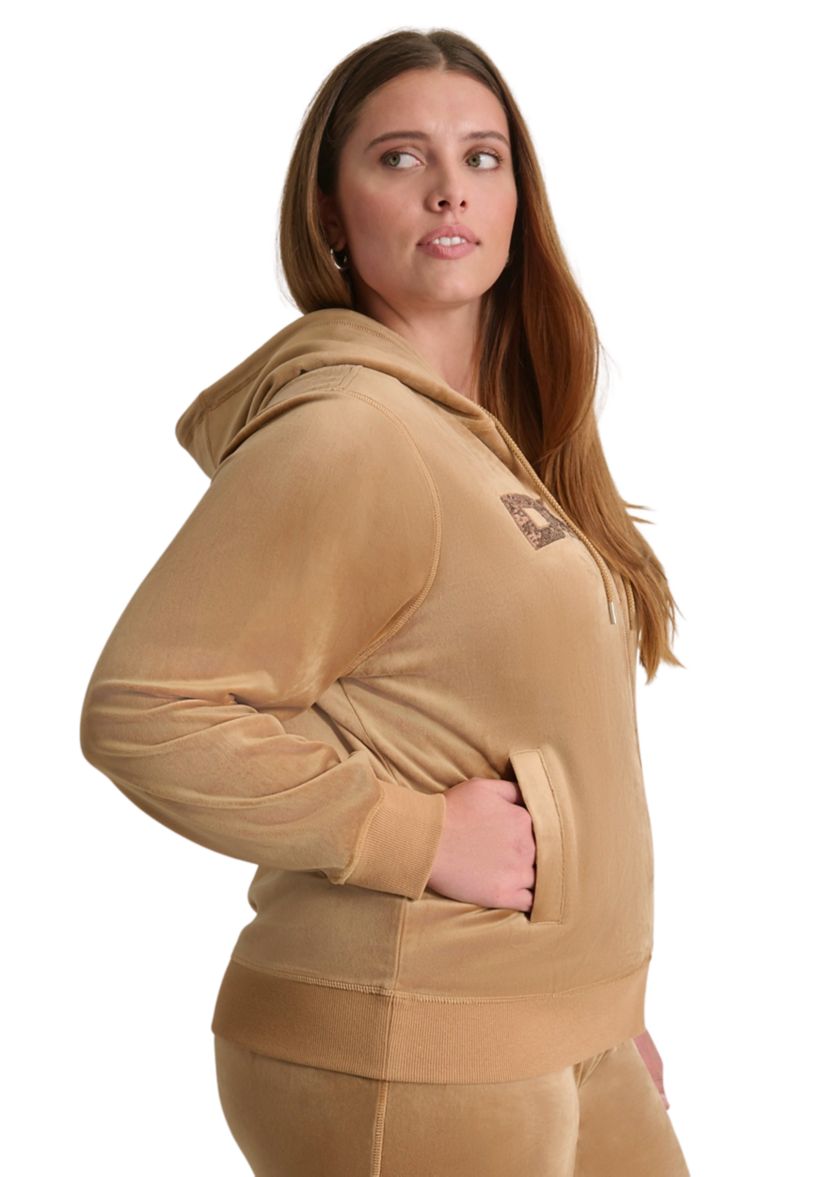 Plus Size Sequin Appliqué Satin Stitch Logo Velour Hoodie