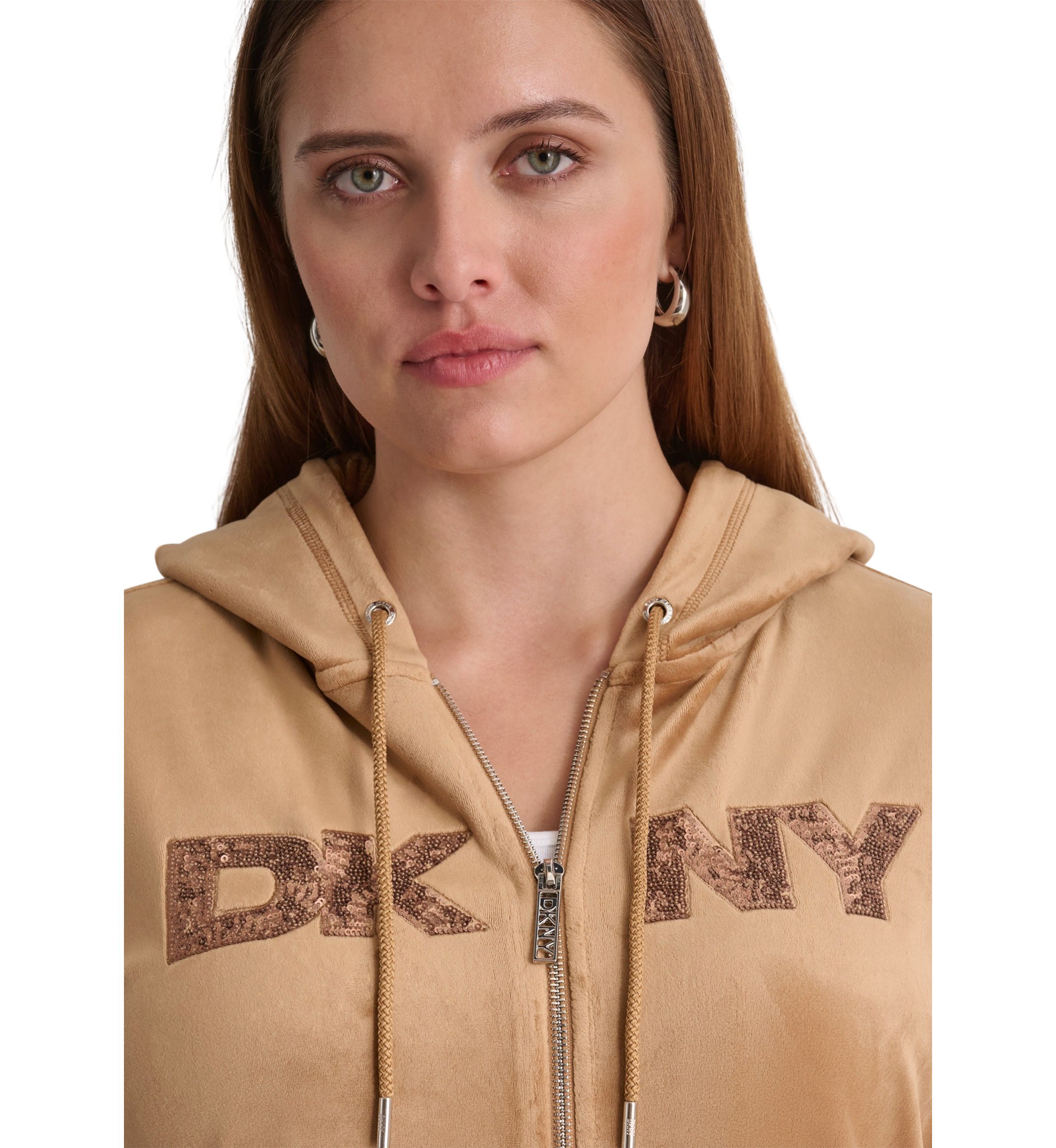 Plus Size Sequin Appliqué Satin Stitch Logo Velour Hoodie