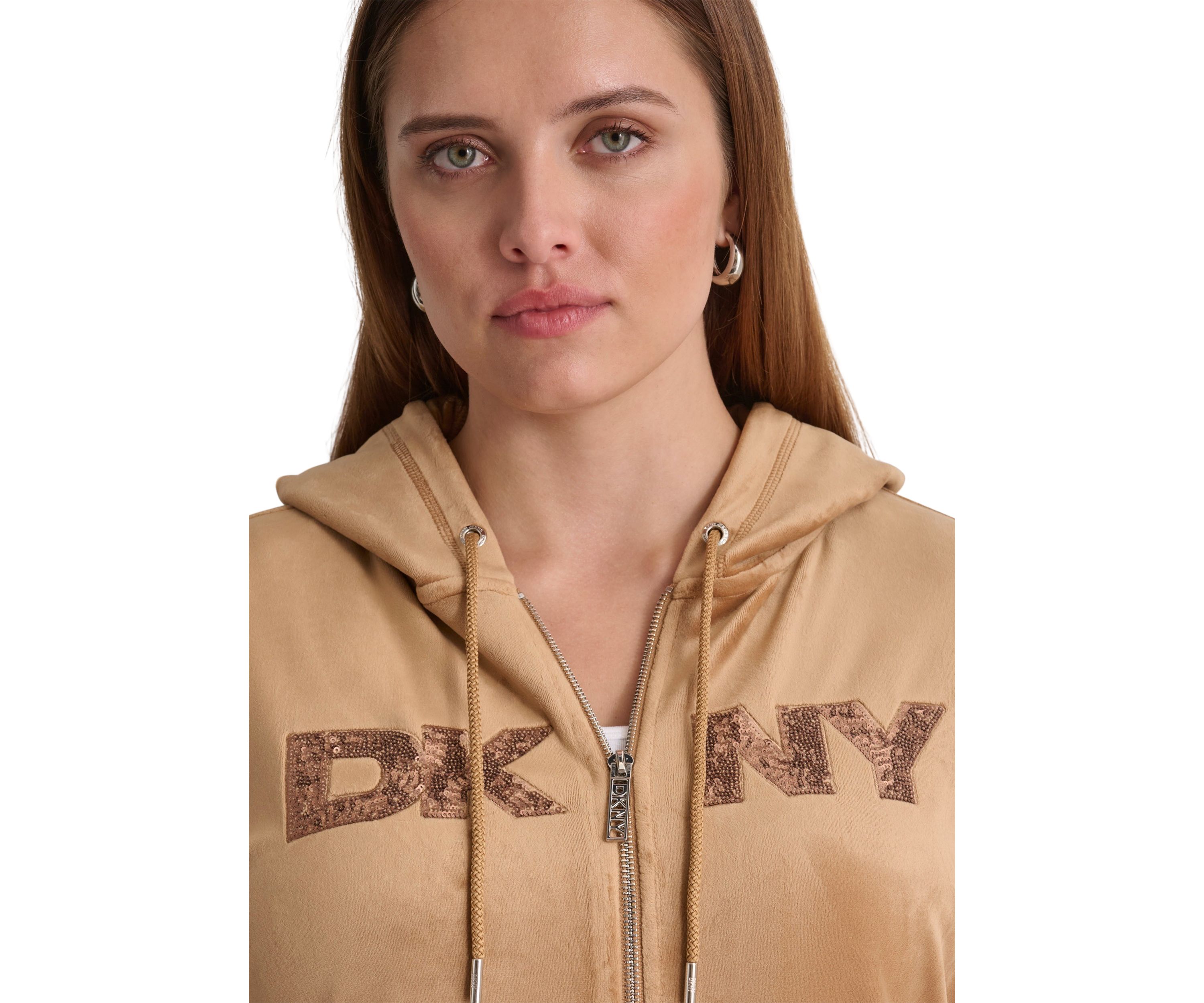 Plus Size Sequin Appliqué Satin Stitch Logo Velour Hoodie