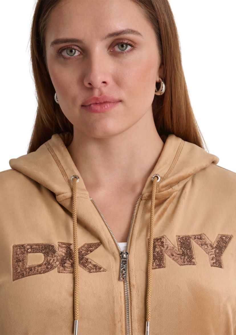 Plus Size Sequin Appliqué Satin Stitch Logo Velour Hoodie