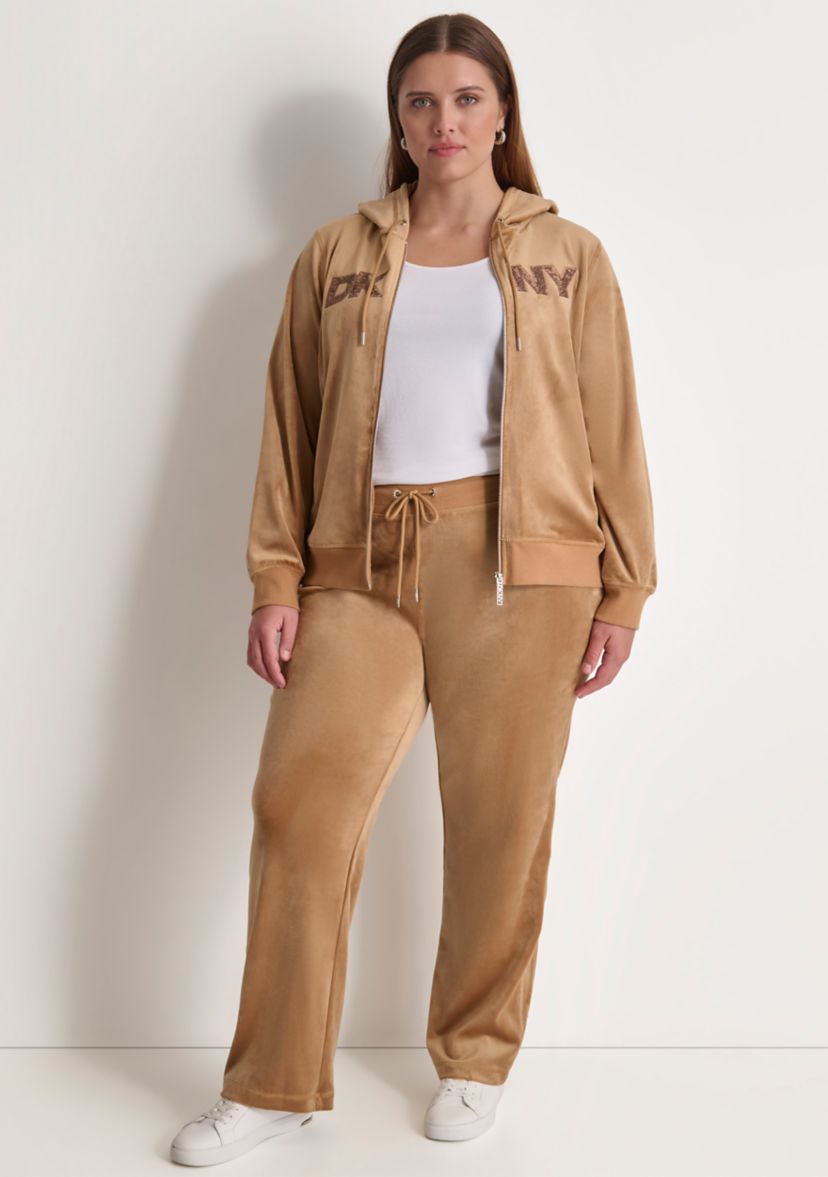 Plus Size Sequin Appliqué Satin Stitch Logo Velour Hoodie