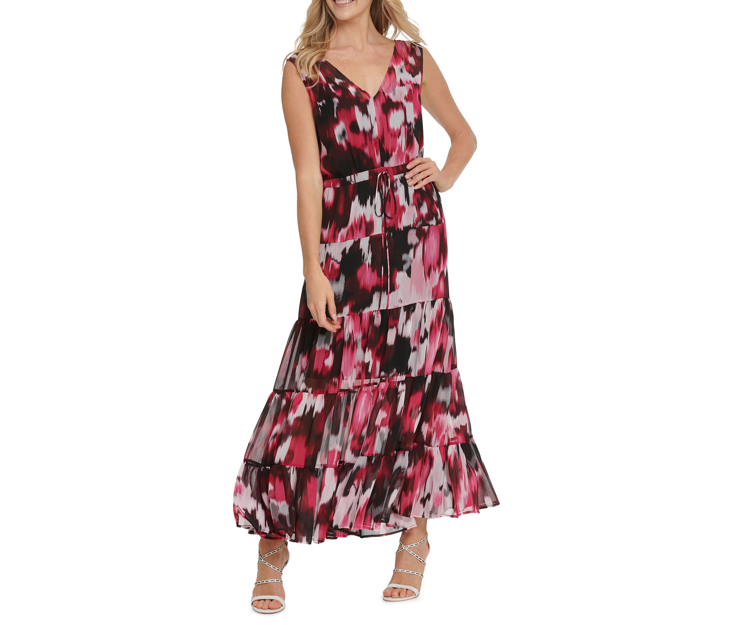  Printed Sleeveless V-Neck Drawstring Maxi Dress
