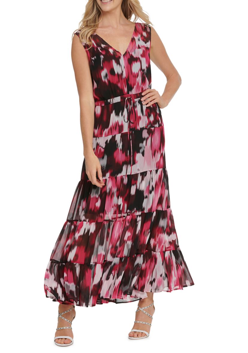  Printed Sleeveless V-Neck Drawstring Maxi Dress