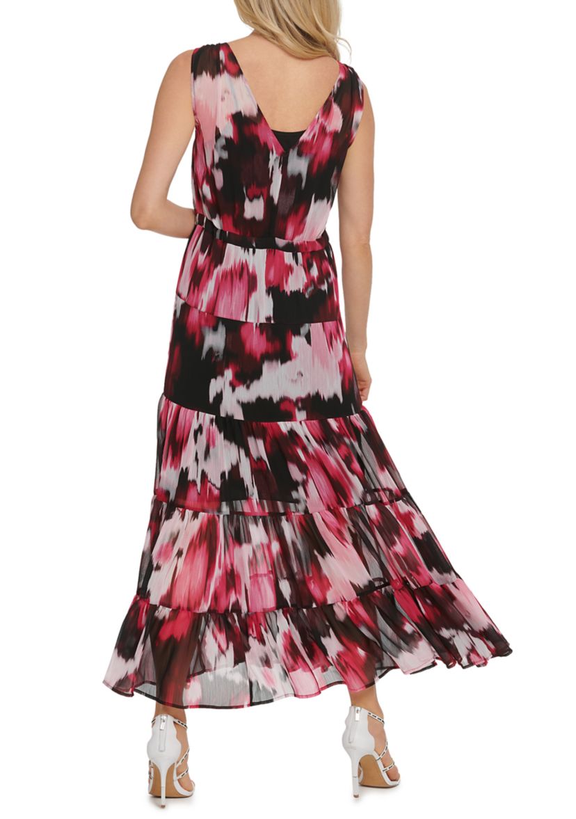  Printed Sleeveless V-Neck Drawstring Maxi Dress