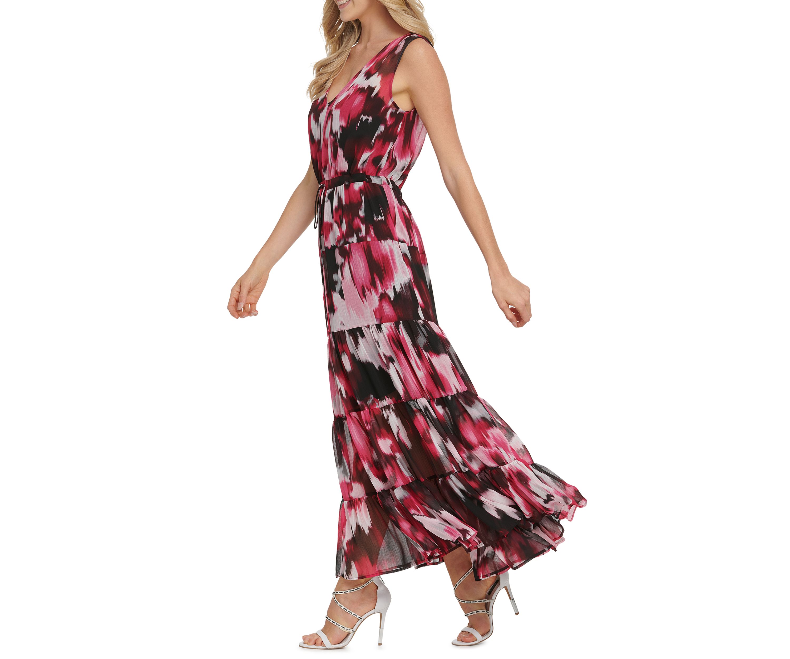 Printed Sleeveless V-Neck Drawstring Maxi Dress