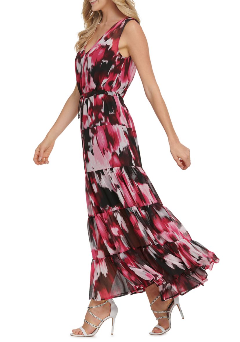  Printed Sleeveless V-Neck Drawstring Maxi Dress