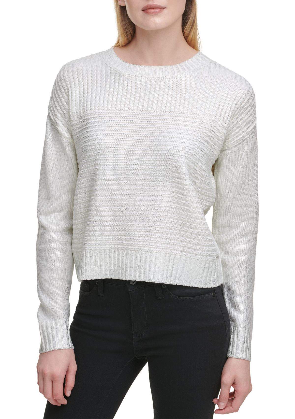 Foil Pleated Crew Neck Sweater