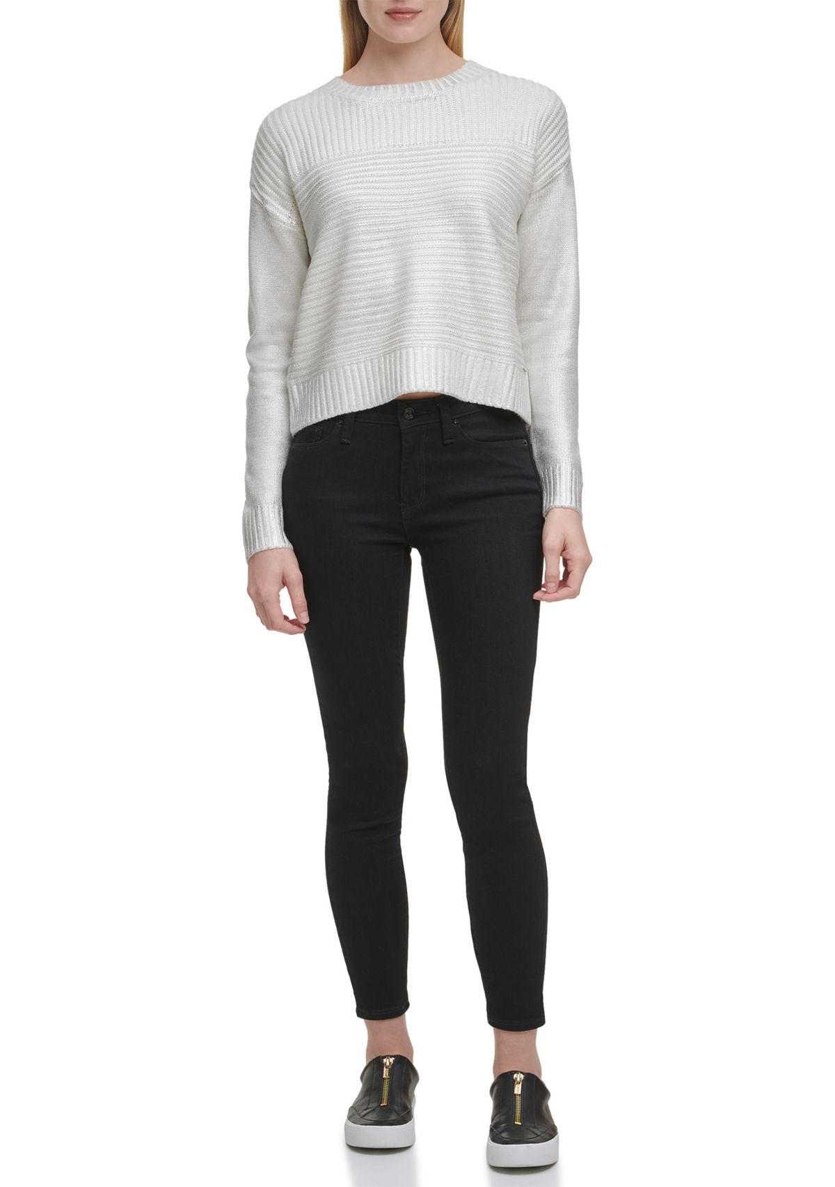 Foil Pleated Crew Neck Sweater