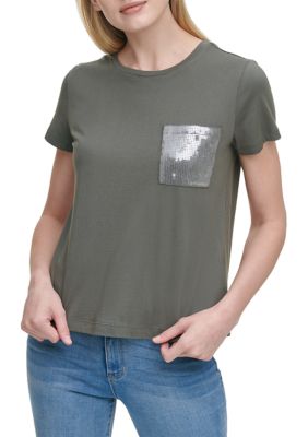 DKNY Women's Short Sleeve Sequin Pocket T-Shirt, XS