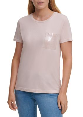 DKNY Women's Short Sleeve Sequin Pocket T-Shirt