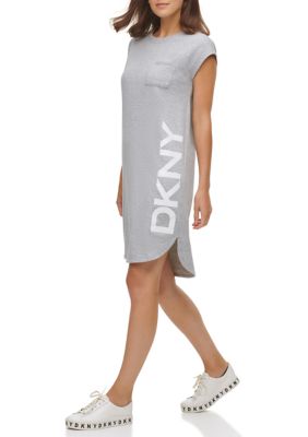 DKNY Women's Short Sleeve Logo Pocket Dress, Grey, XS