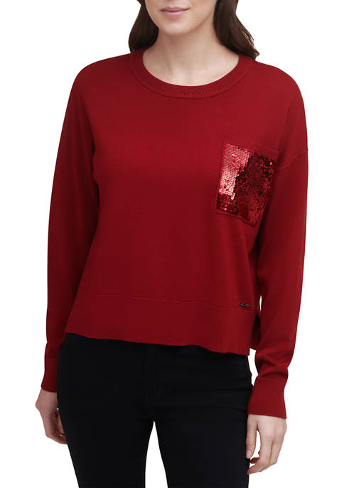 DKNY Long Sleeve Sequin Pocket Sweater