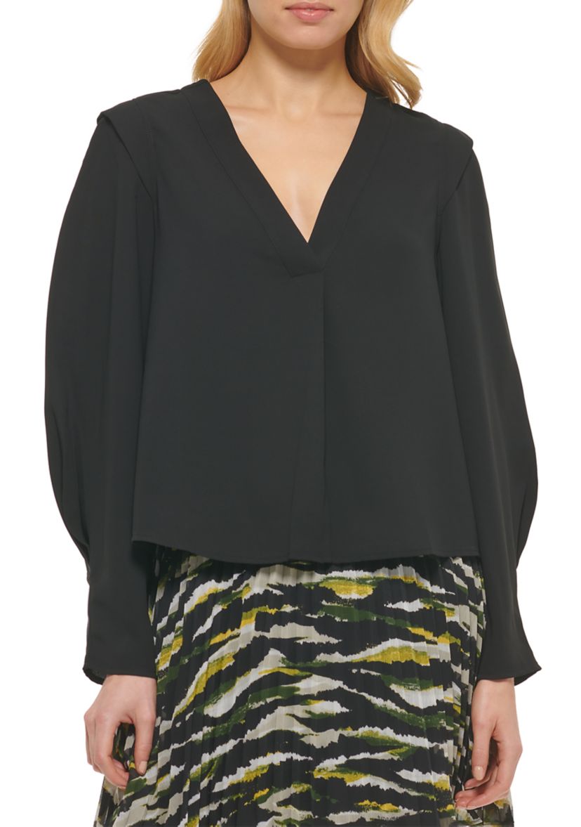 Womens Long Sleeve Cropped V-Neck Blouse