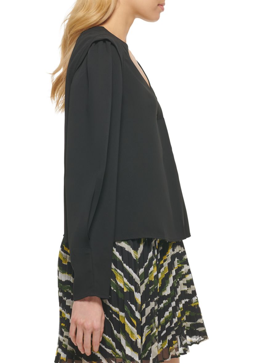 Womens Long Sleeve Cropped V-Neck Blouse