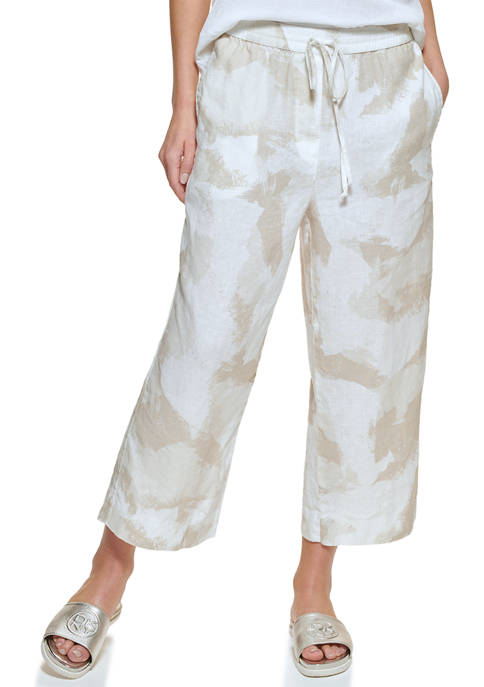 DKNY Womens Linen Printed Wide Leg Pull On