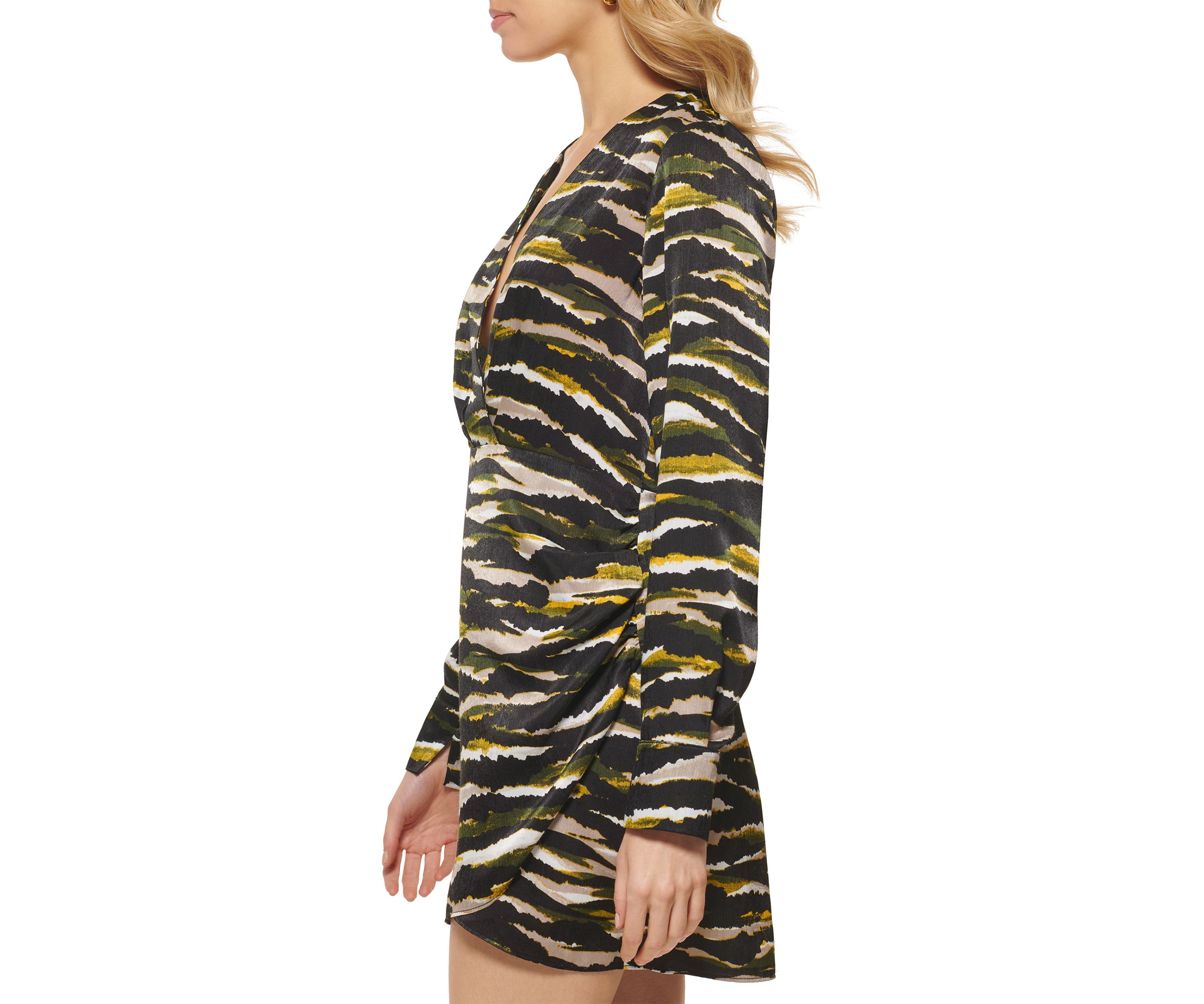 Womens Long Sleeve Printed Wrap Mini Dress