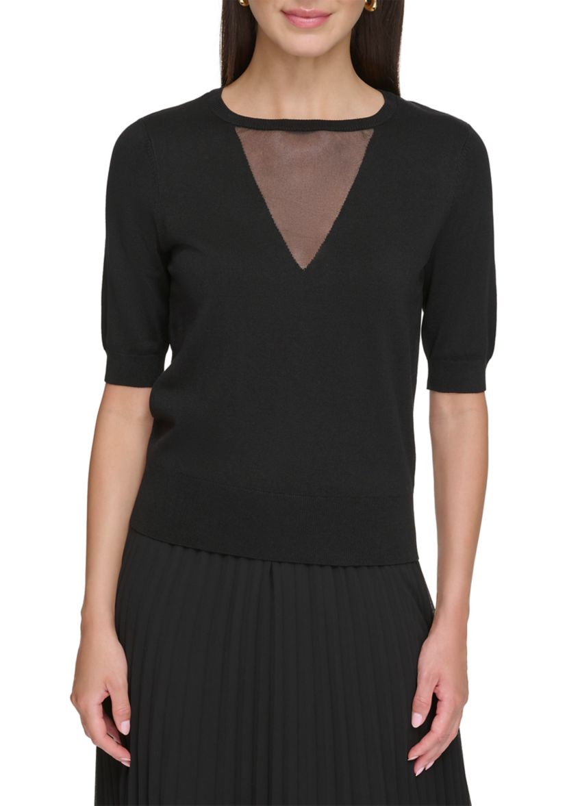Womens Elbow Sleeve Mesh Insert Sweater