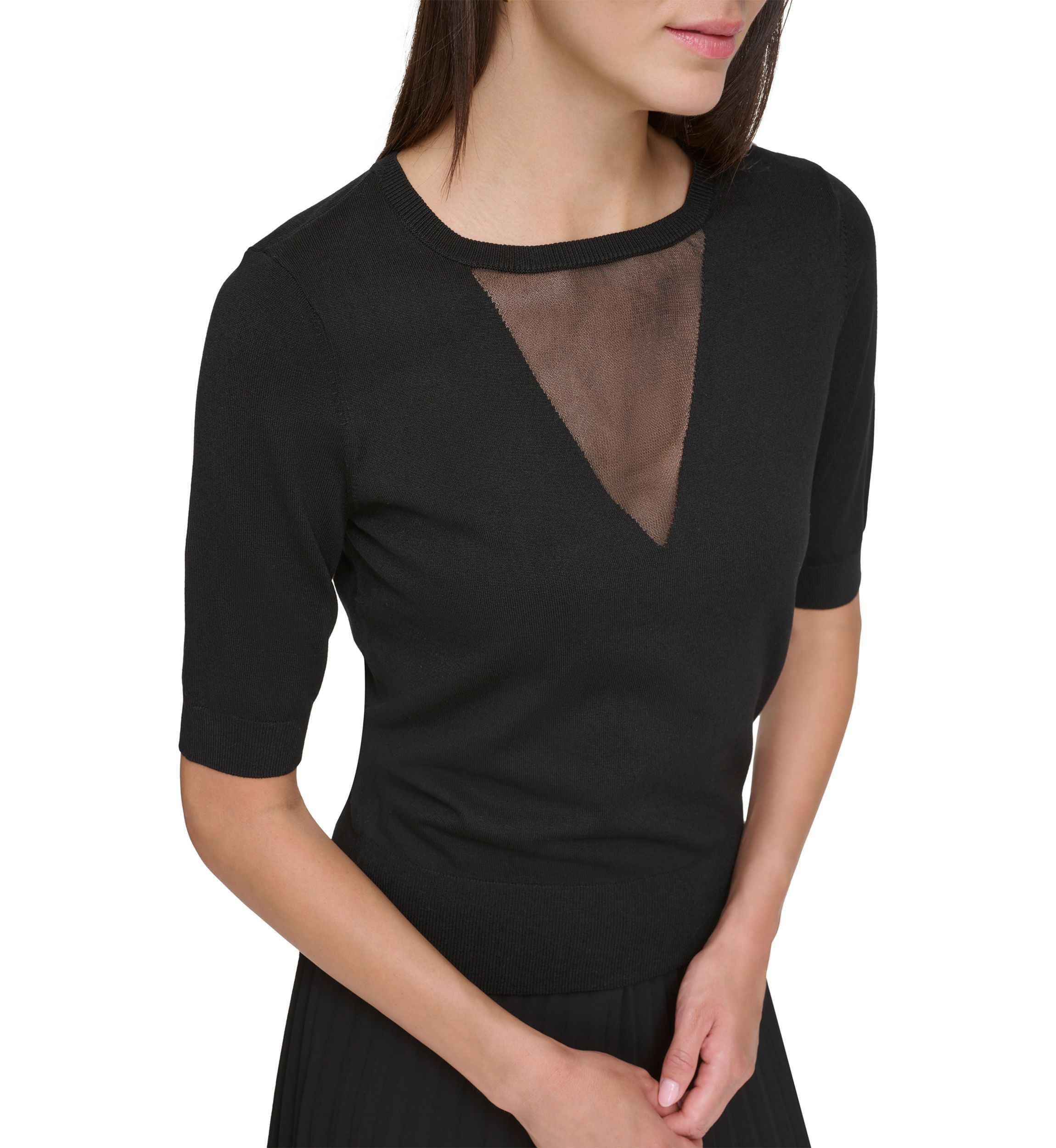 Womens Elbow Sleeve Mesh Insert Sweater