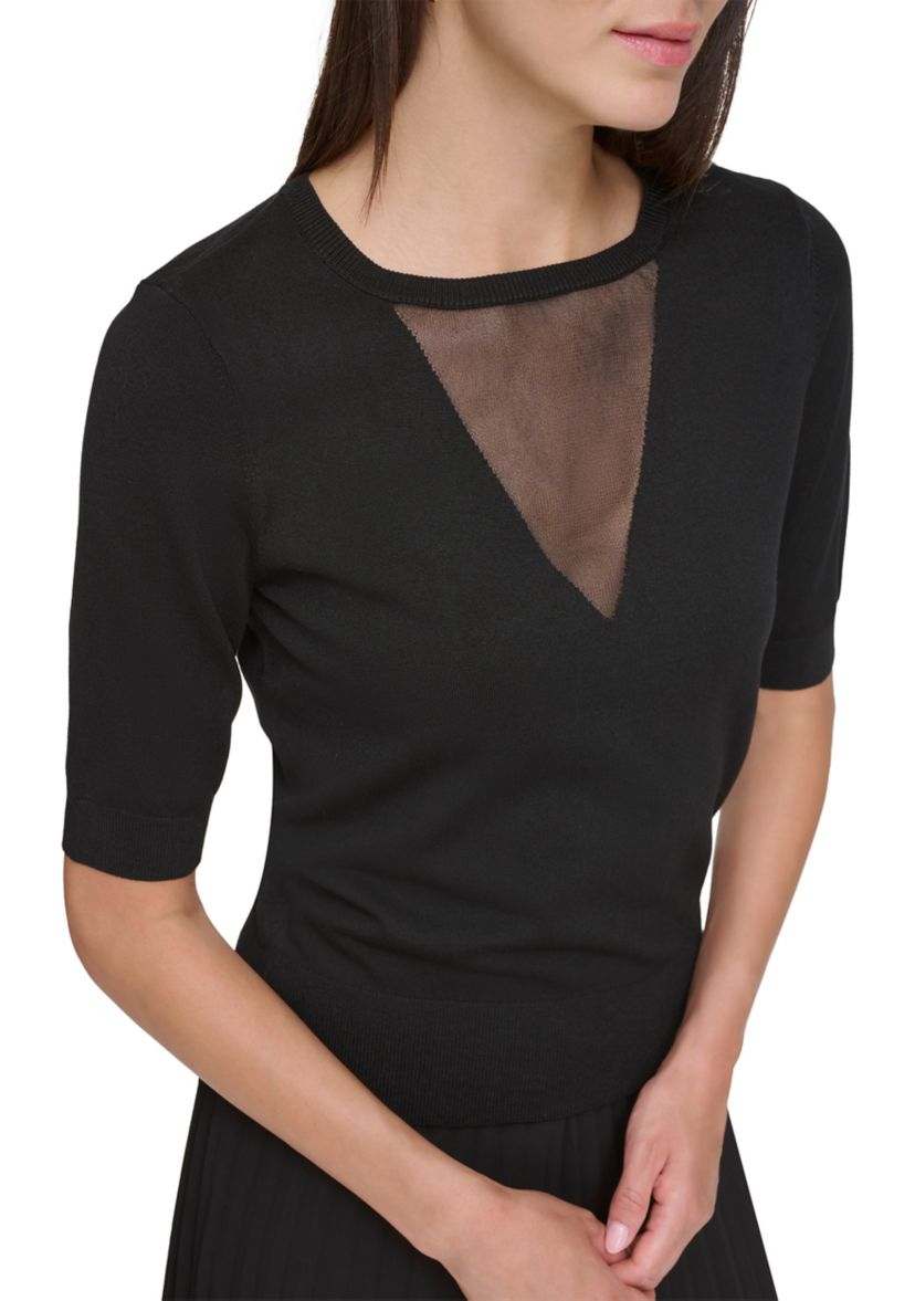 Womens Elbow Sleeve Mesh Insert Sweater