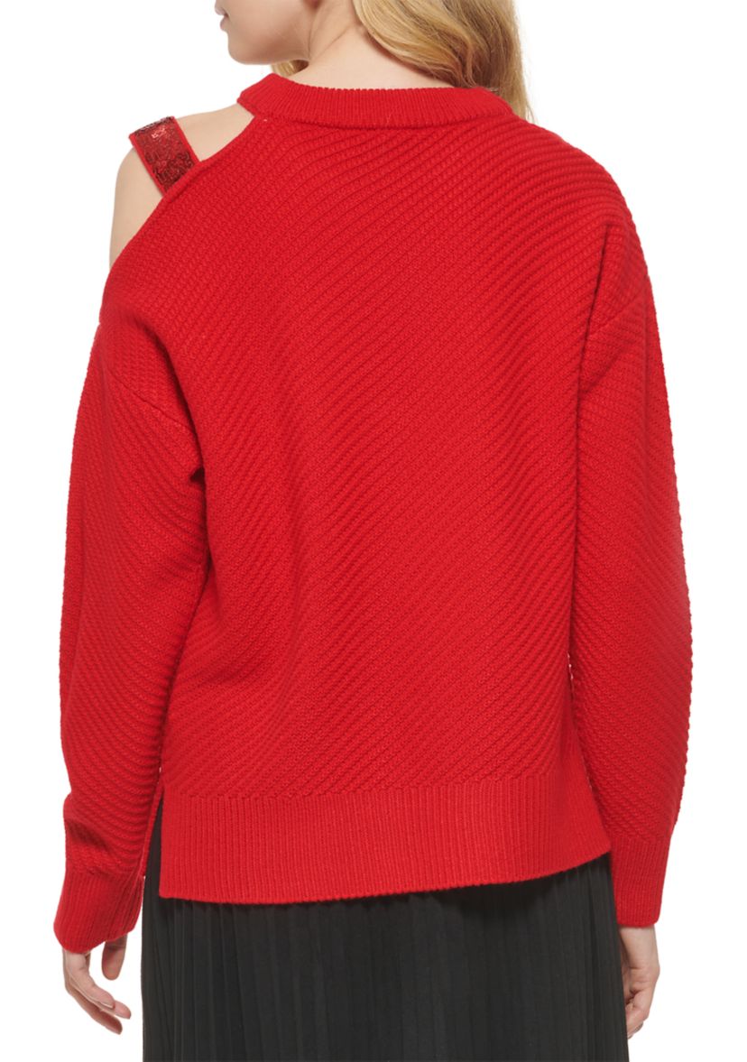 Womens Sequin Cut Out Shoulder Sweater
