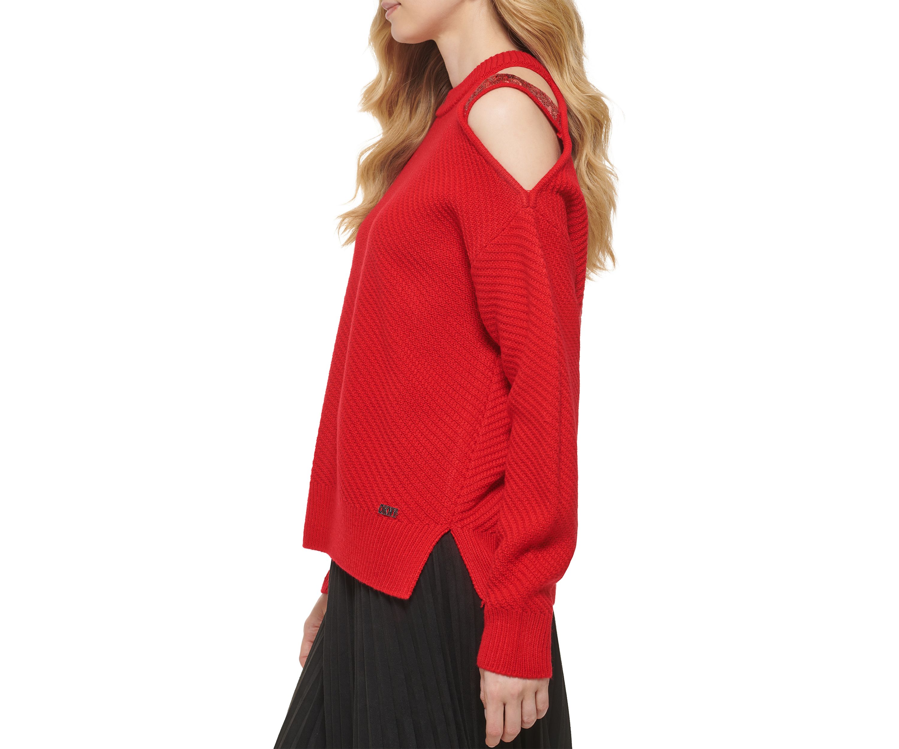 Womens Sequin Cut Out Shoulder Sweater