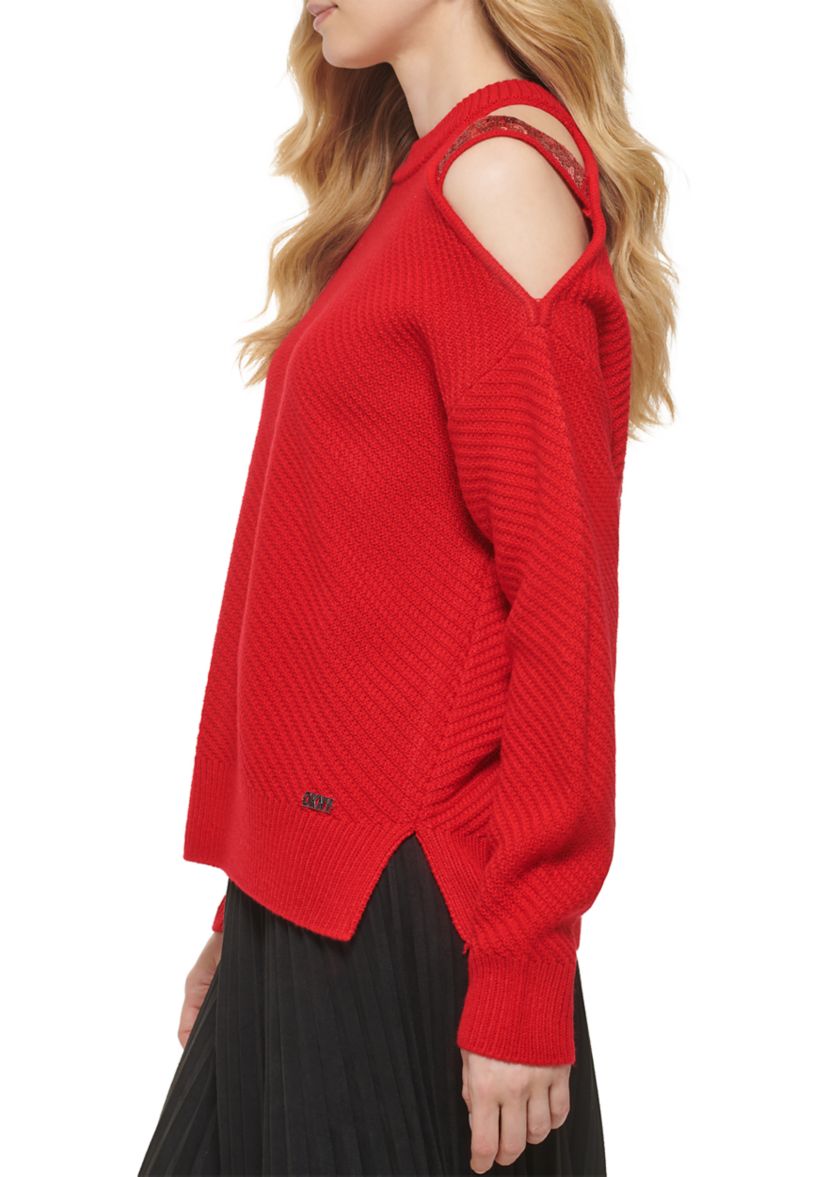 Womens Sequin Cut Out Shoulder Sweater