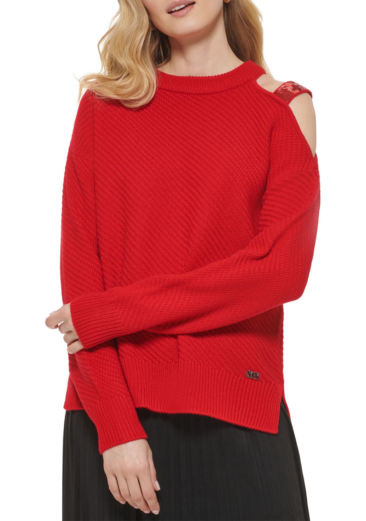 Womens Sequin Cut Out Shoulder Sweater