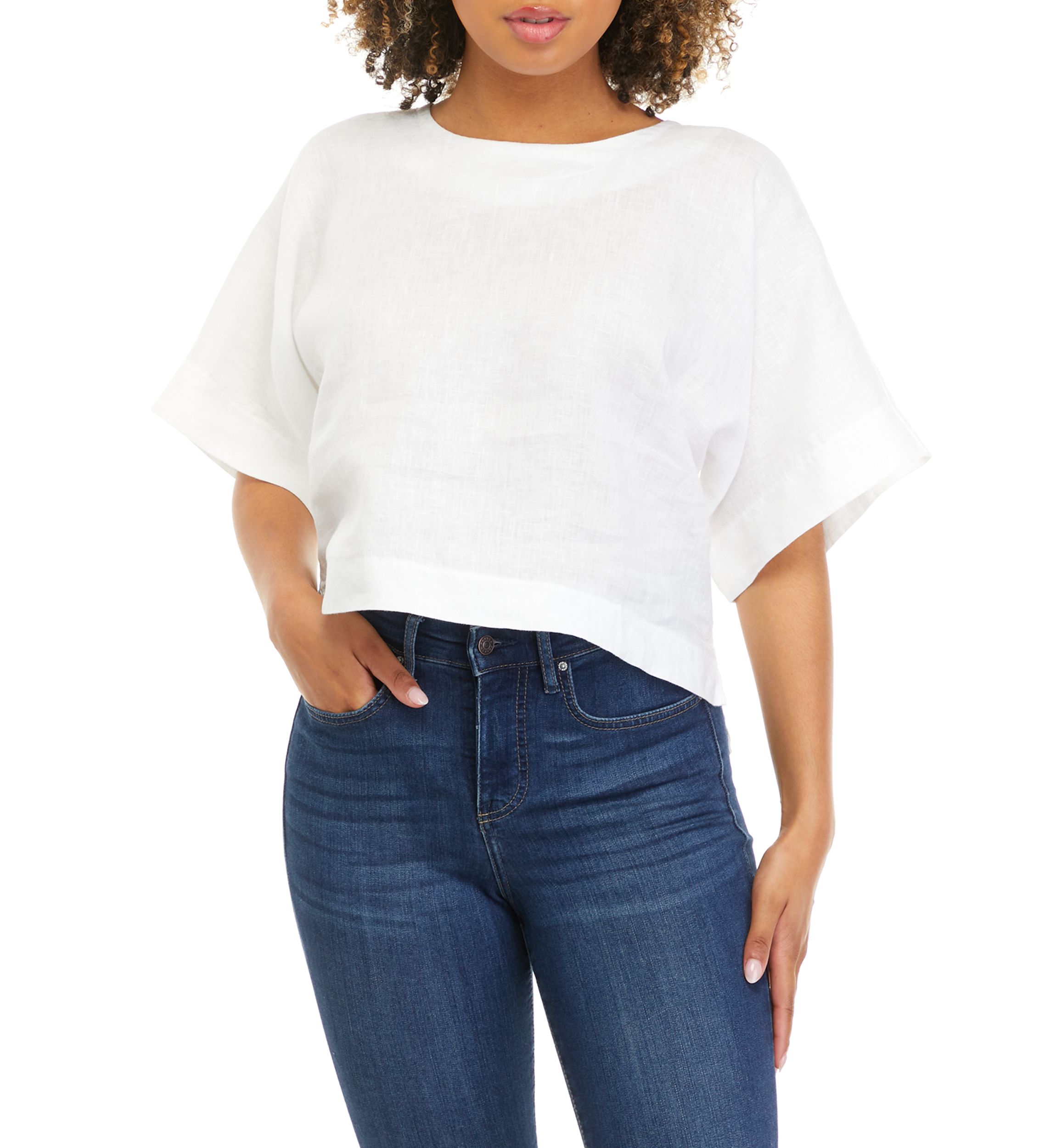 Womens Linen Drop Shoulder Cropped Box Blouse