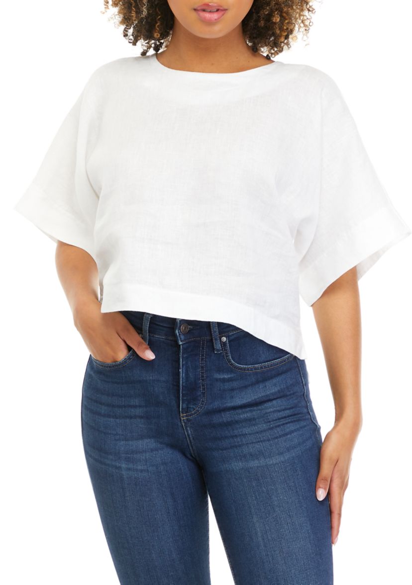 Womens Linen Drop Shoulder Cropped Box Blouse