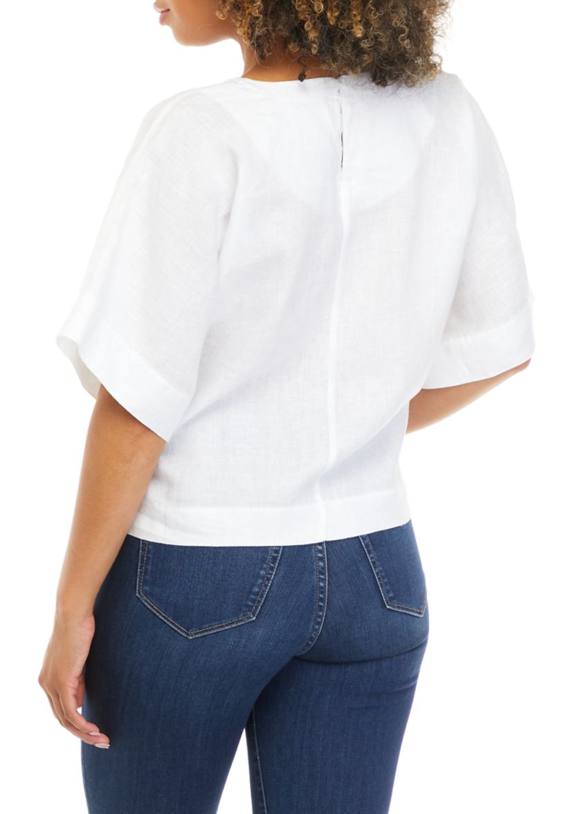 Womens Linen Drop Shoulder Cropped Box Blouse