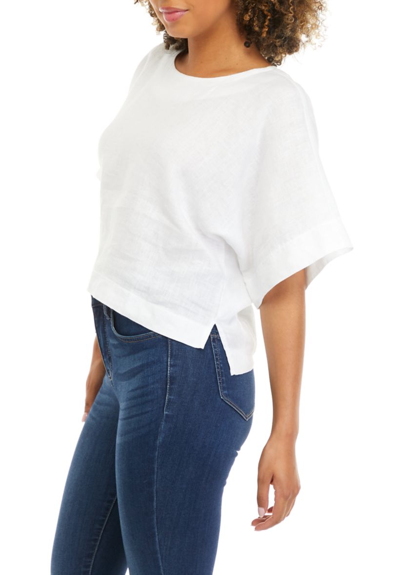 Womens Linen Drop Shoulder Cropped Box Blouse