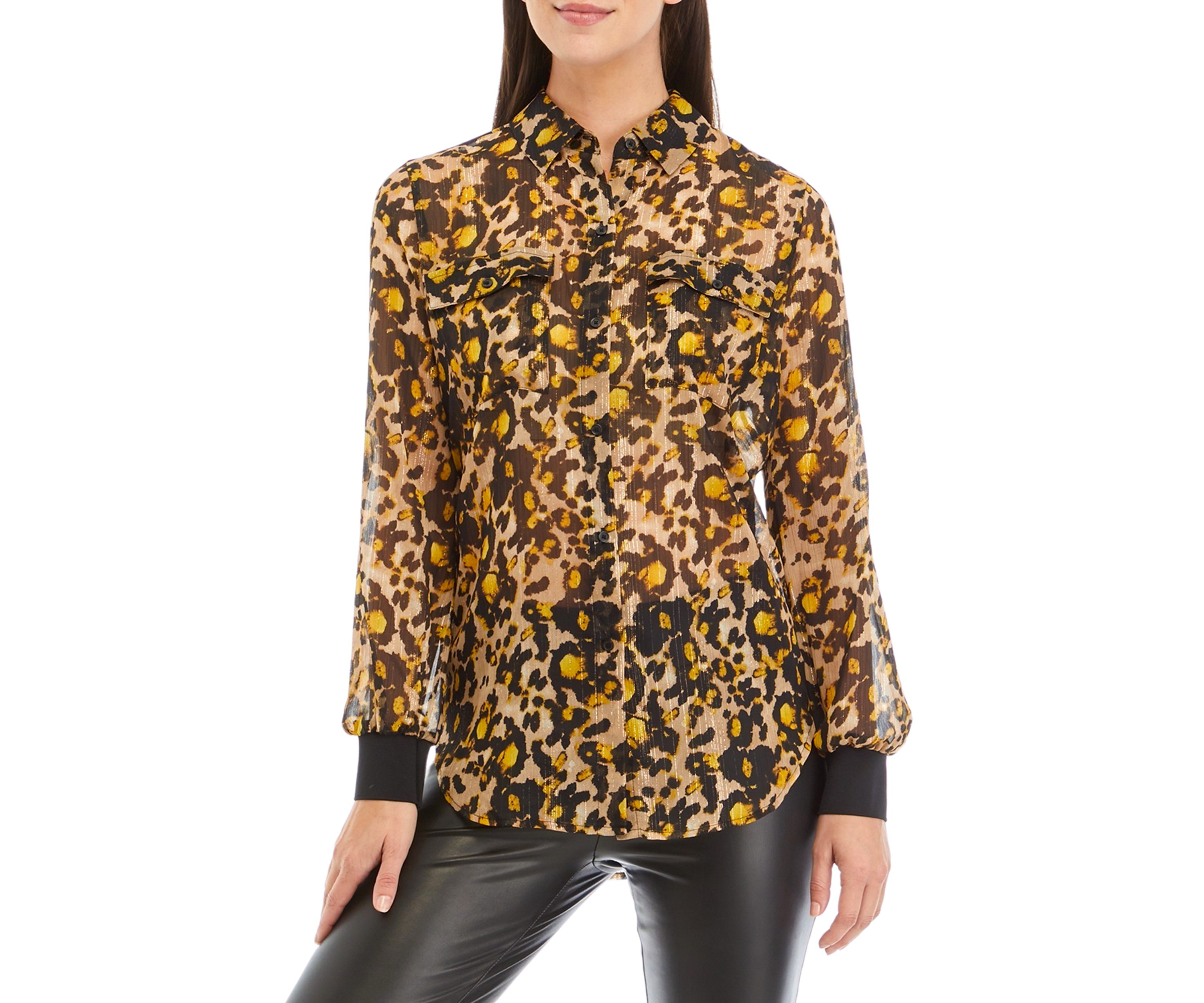 Womens Long Sleeve Button Down Printed Chiffon Shirt