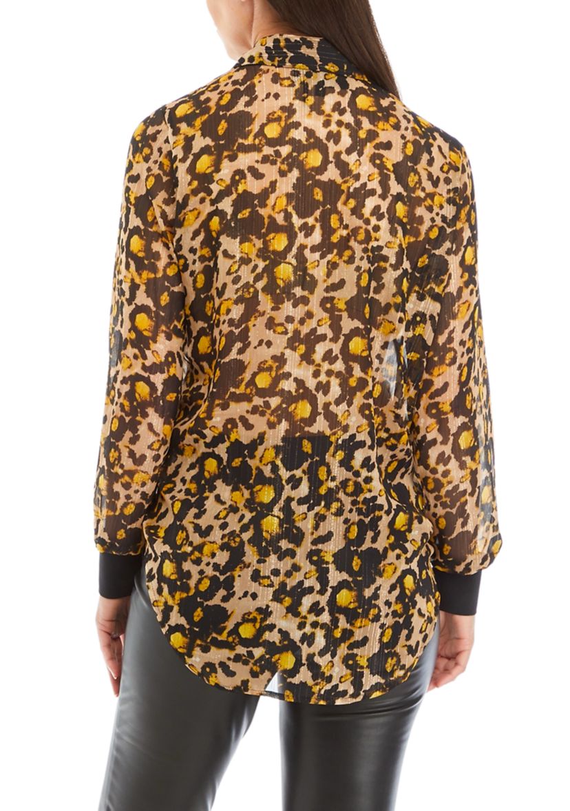 Womens Long Sleeve Button Down Printed Chiffon Shirt