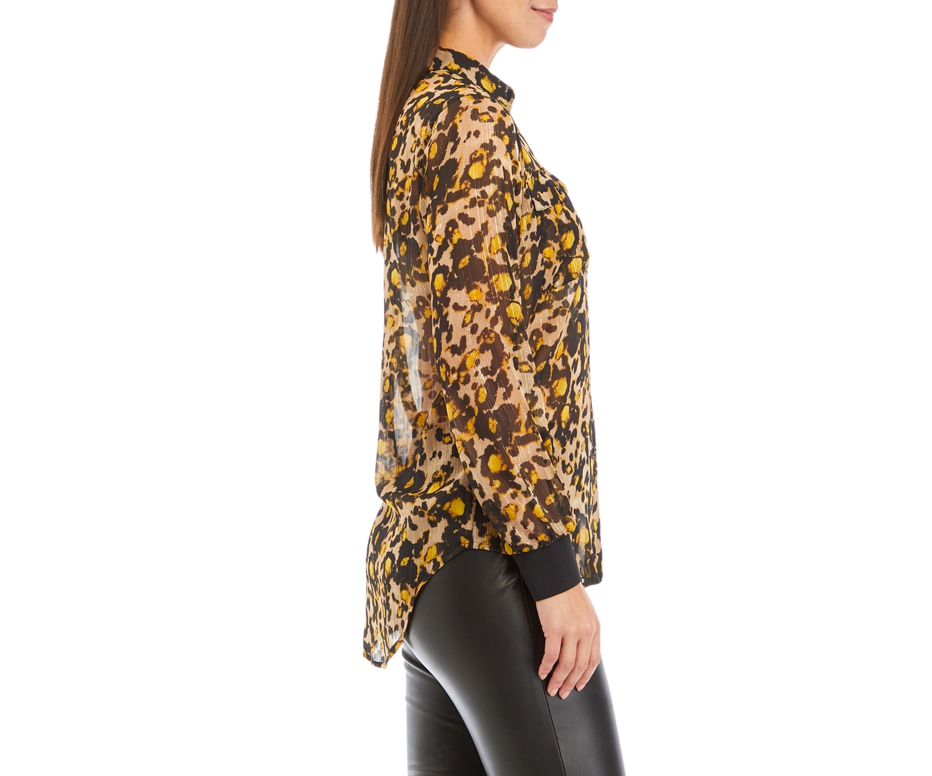 Womens Long Sleeve Button Down Printed Chiffon Shirt