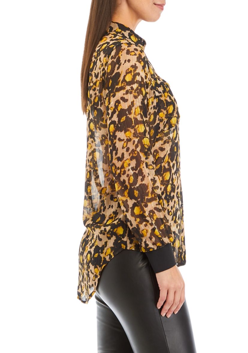 Womens Long Sleeve Button Down Printed Chiffon Shirt