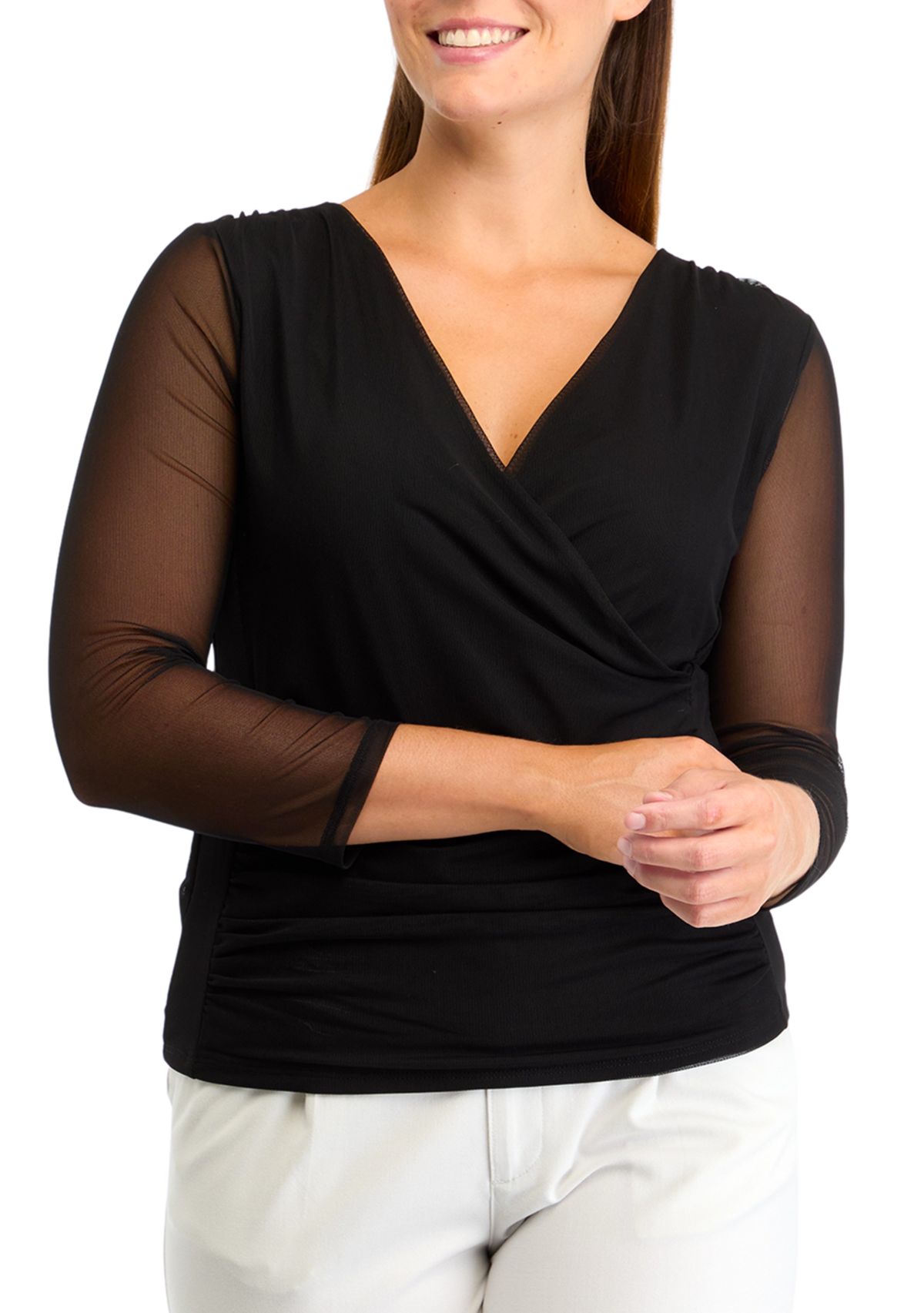 Womens 3/4 Mesh Sleeve Surplice Knit Top