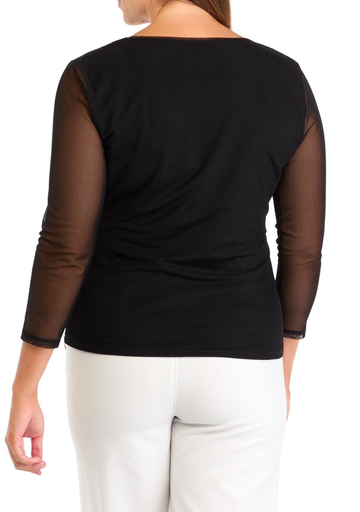 Womens 3/4 Mesh Sleeve Surplice Knit Top