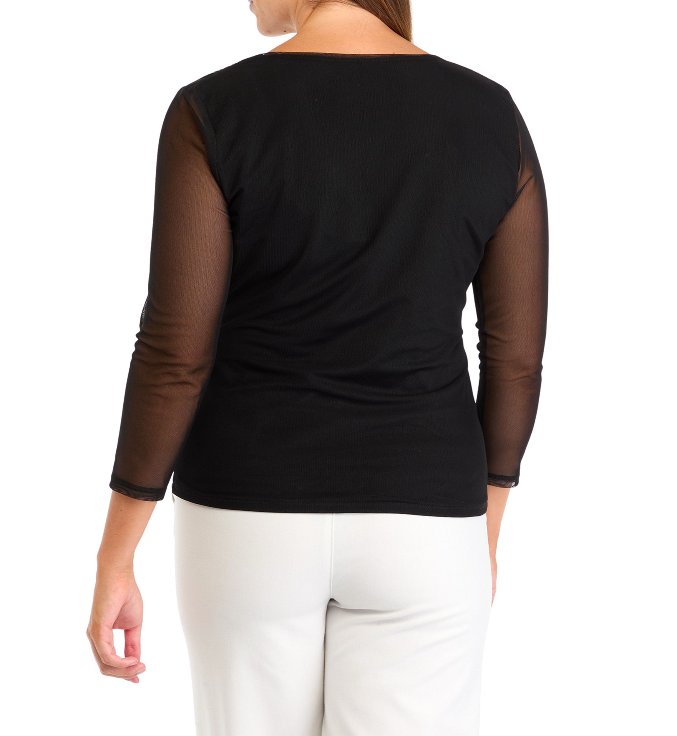 Womens 3/4 Mesh Sleeve Surplice Knit Top